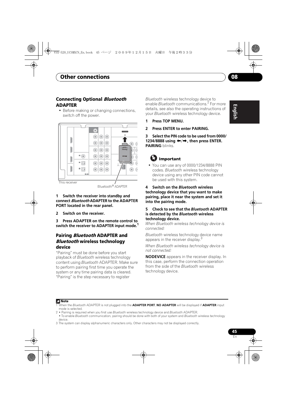 Connecting optional bluetooth adapter, Other connections 08, English français español | Bluetooth, Connecting optional, Adapter, Pairing, Adapter and, Wireless technology device | Pioneer VSX-520 User Manual | Page 45 / 160