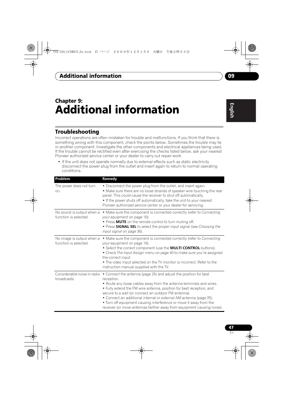 Additional information, Troubleshooting, 09 additional information | Additional information 09, Chapter 9 | Pioneer VSX-520 User Manual | Page 47 / 160