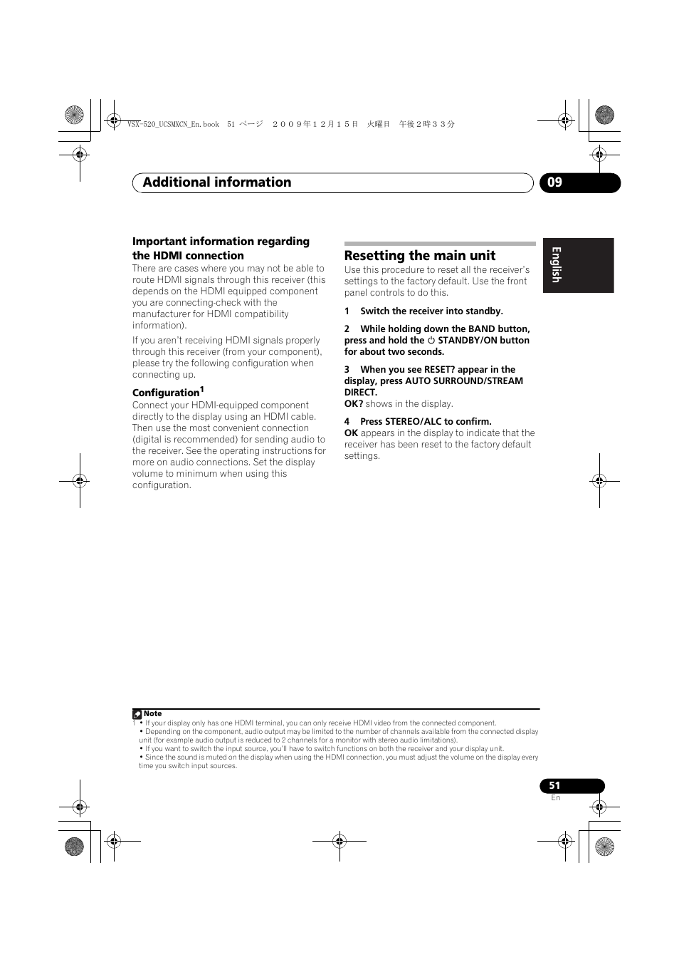 Resetting the main unit, Additional information 09 | Pioneer VSX-520 User Manual | Page 51 / 160