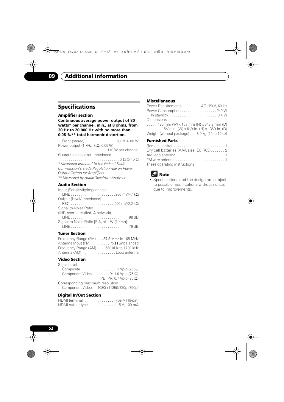 Specifications, Additional information 09 | Pioneer VSX-520 User Manual | Page 52 / 160