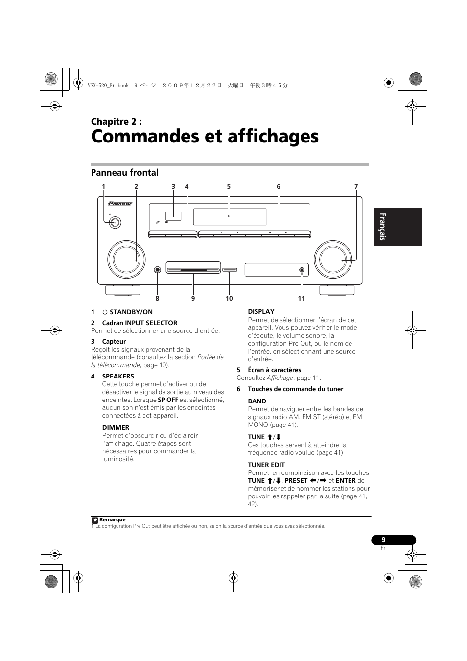 02 commandes et affichages, Panneau frontal, Commandes et affichages | Chapitre 2, English français español | Pioneer VSX-520 User Manual | Page 61 / 160