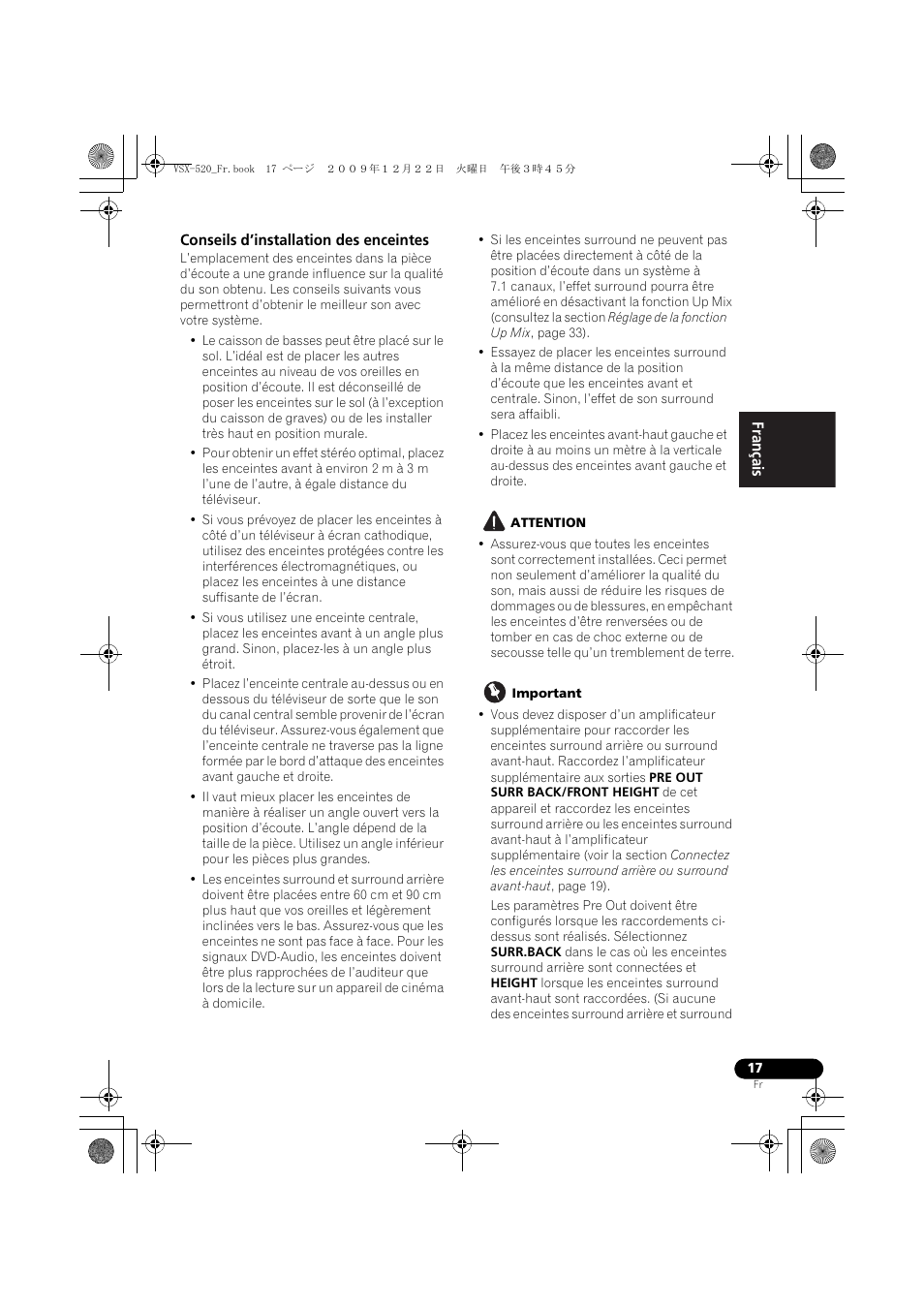 Conseils d’installation des enceintes | Pioneer VSX-520 User Manual | Page 69 / 160