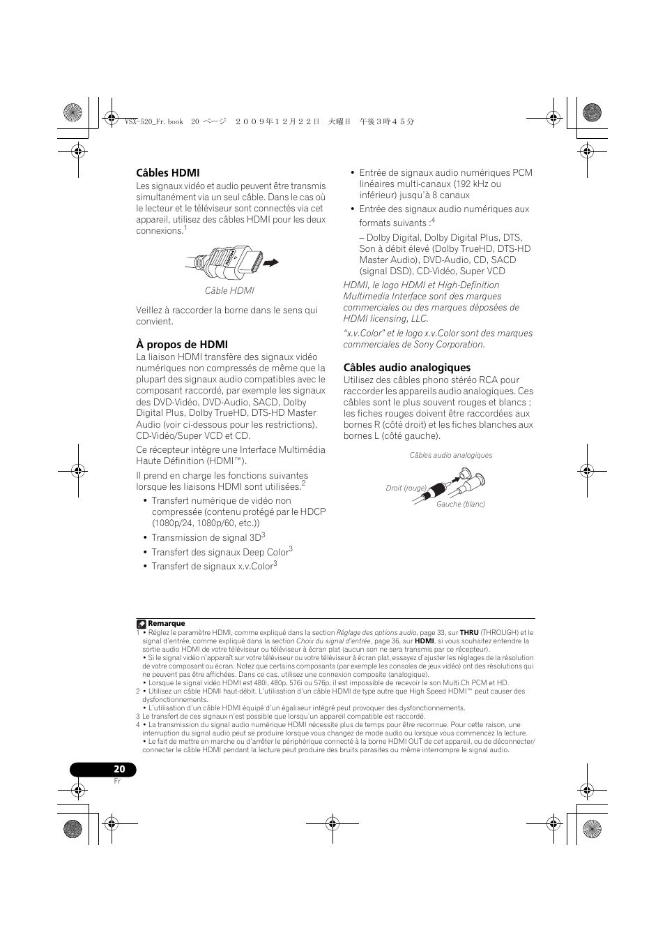 Câbles hdmi, À propos de hdmi, Câbles audio analogiques | Pioneer VSX-520 User Manual | Page 72 / 160