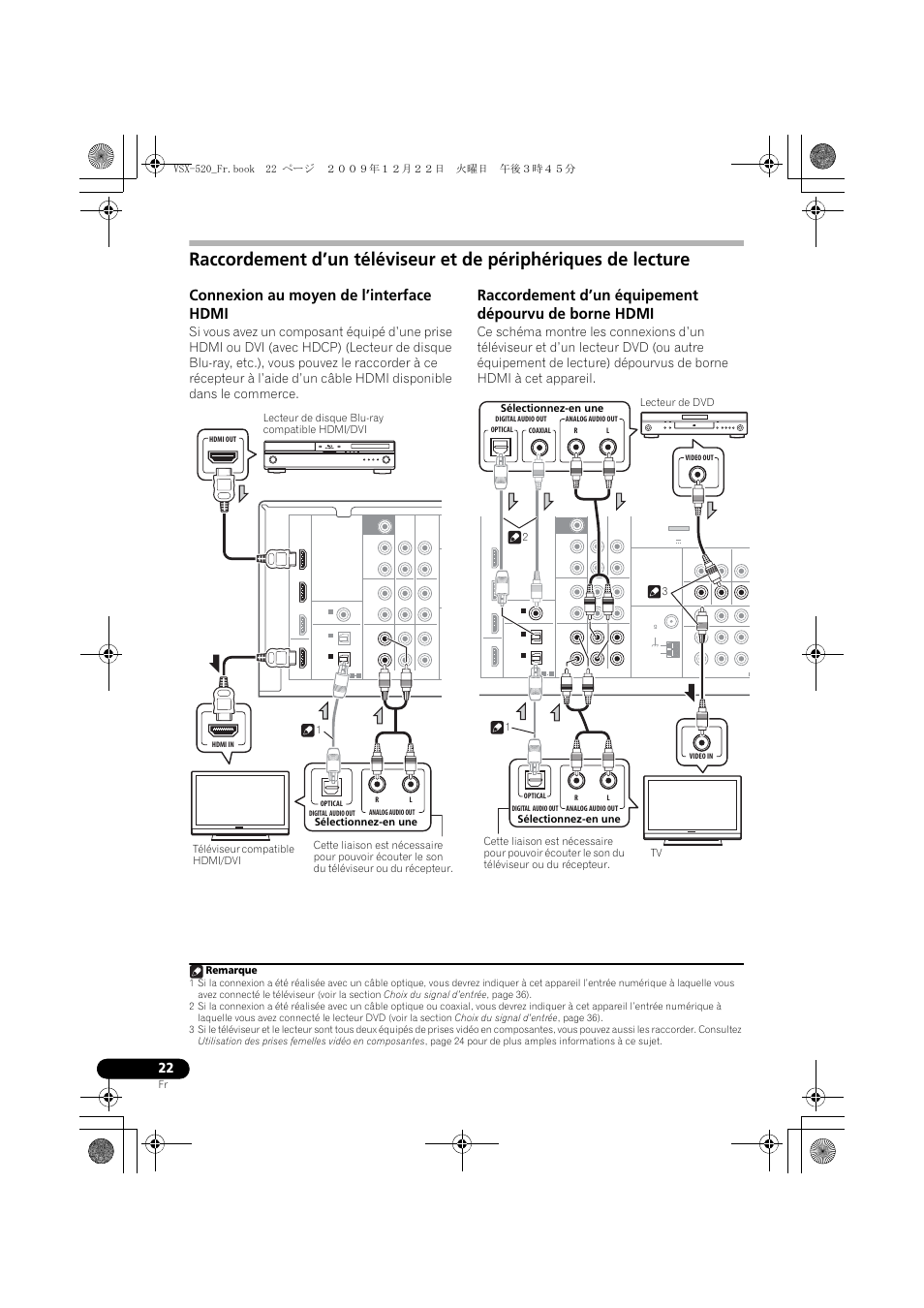 Connexion au moyen de l’interface hdmi, Remarque | Pioneer VSX-520 User Manual | Page 74 / 160