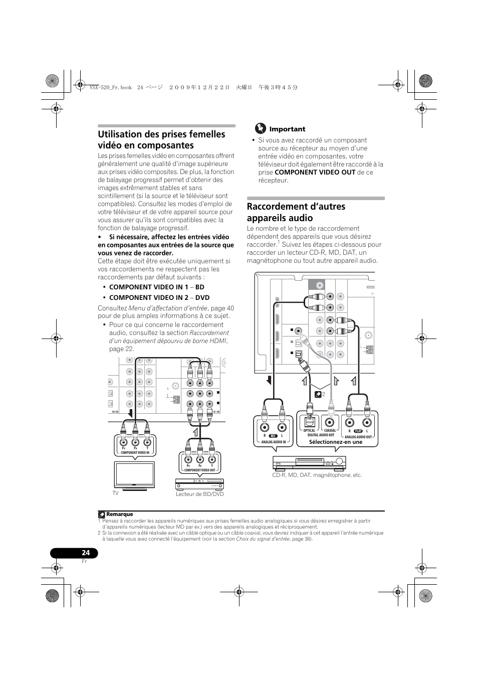 Raccordement d’autres appareils audio, Page 22, Lecteur de bd/dvd tv remarque | Pioneer VSX-520 User Manual | Page 76 / 160