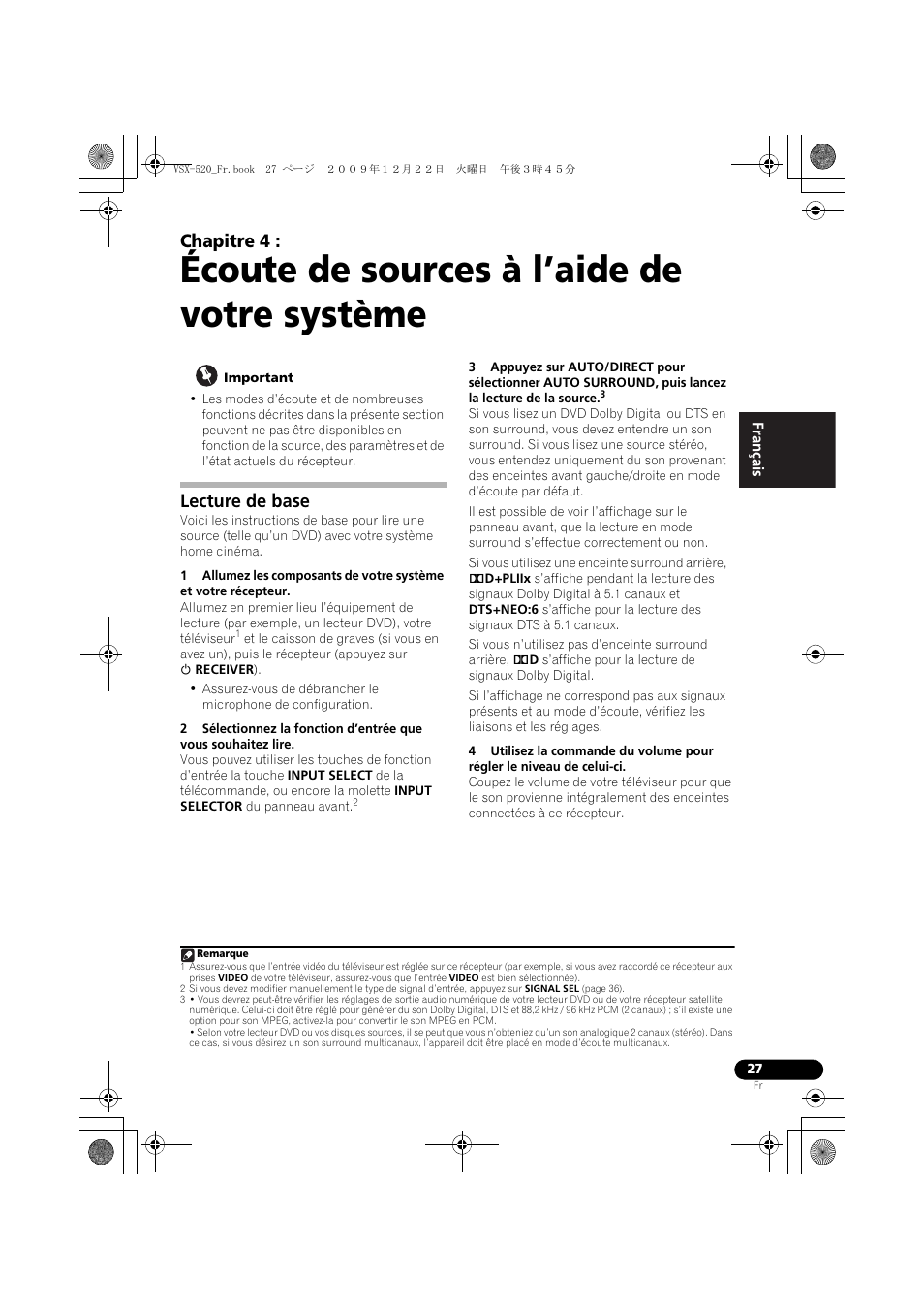 04 écoute de sources à l’aide de votre système, Lecture de base, Écoute de sources à l’aide de votre système | Chapitre 4 | Pioneer VSX-520 User Manual | Page 79 / 160