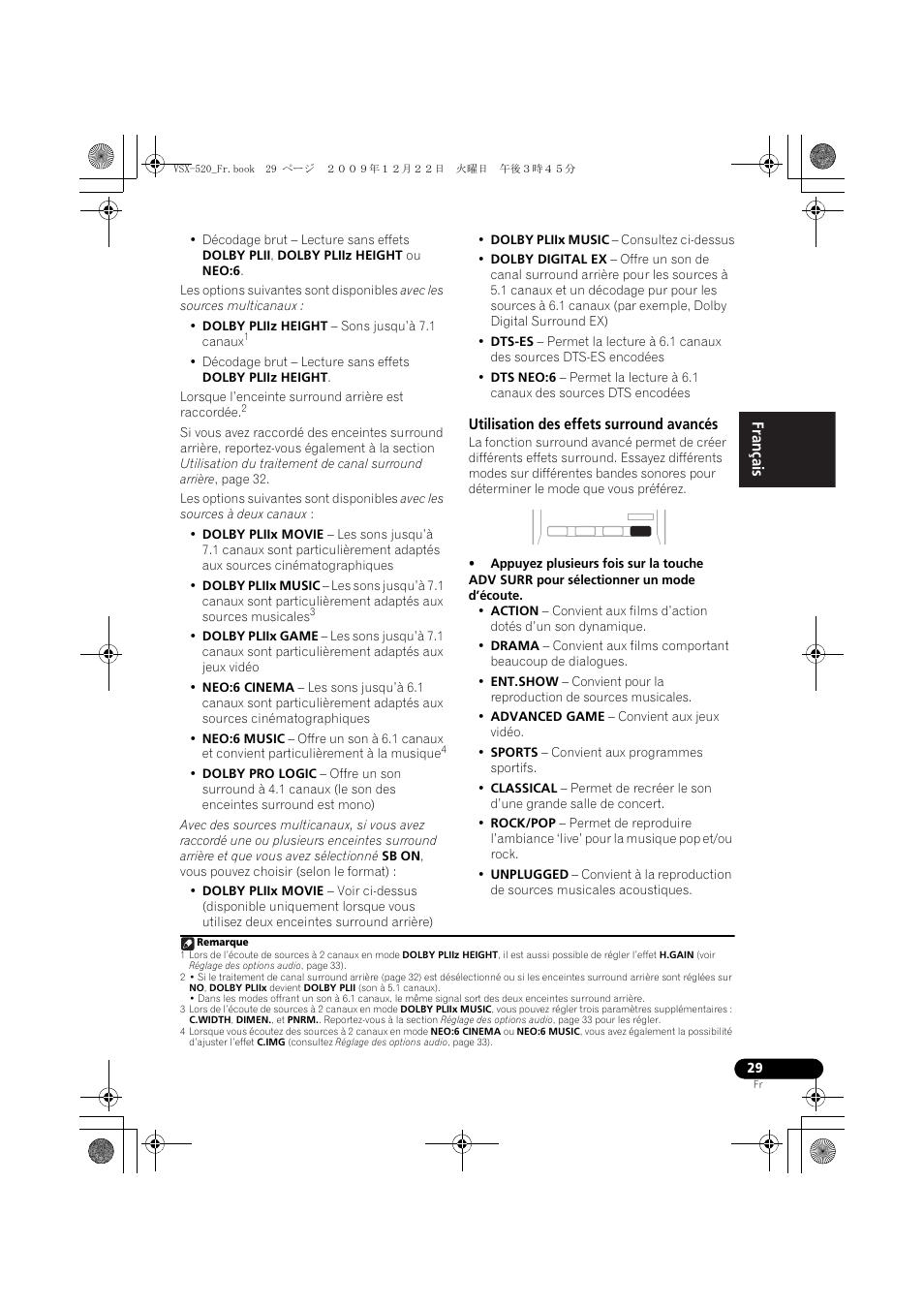 Utilisation des effets surround avancés, English français español | Pioneer VSX-520 User Manual | Page 81 / 160