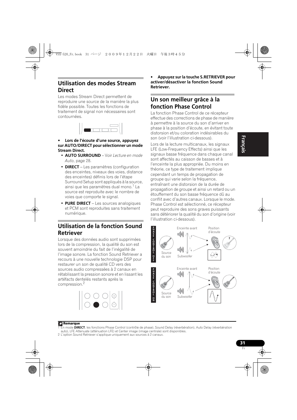 Utilisation des modes stream direct, Utilisation de la fonction sound retriever, Un son meilleur grâce à la fonction phase control | English français español | Pioneer VSX-520 User Manual | Page 83 / 160