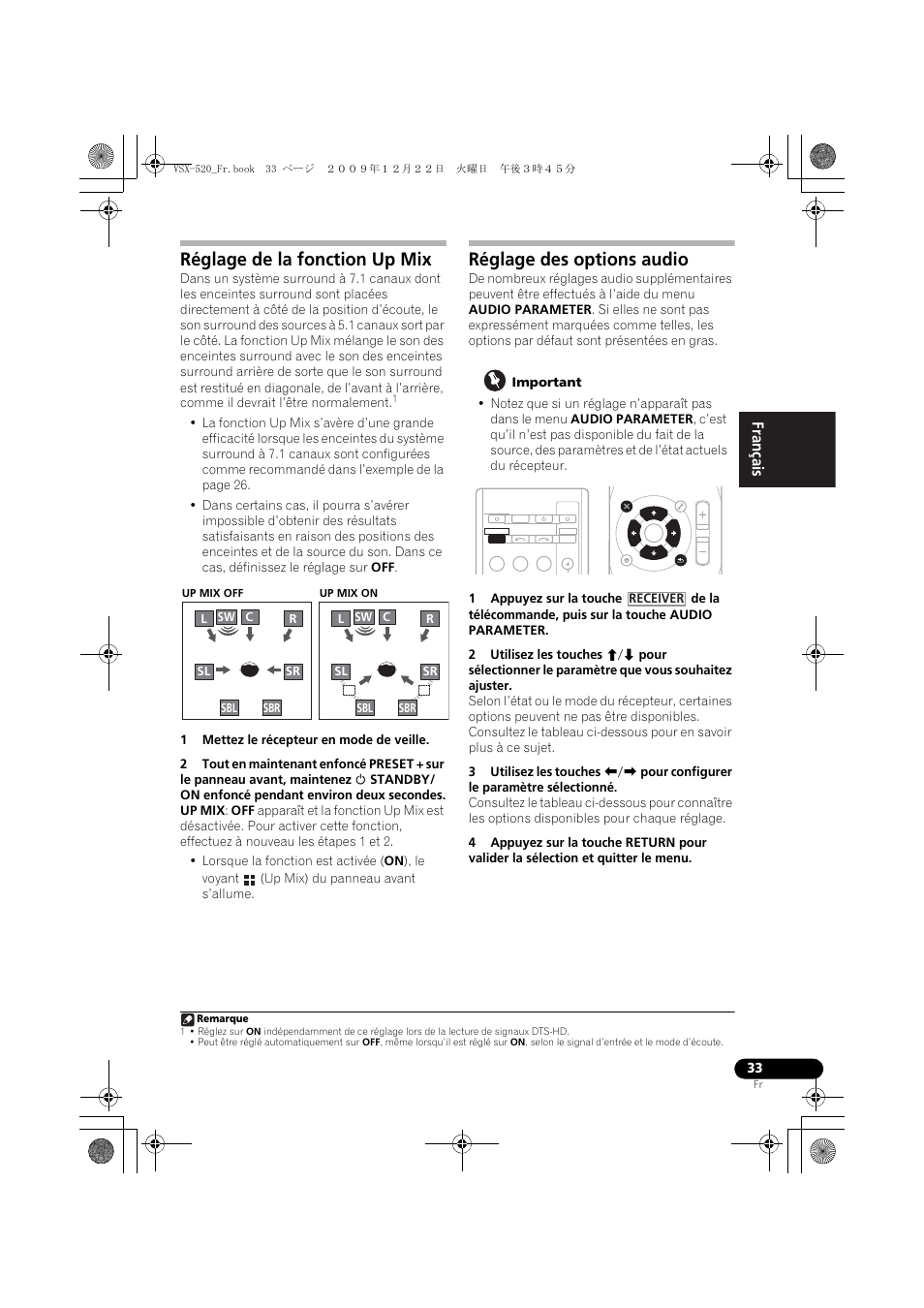 Réglage de la fonction up mix, Réglage des options audio, English français español | Pioneer VSX-520 User Manual | Page 85 / 160