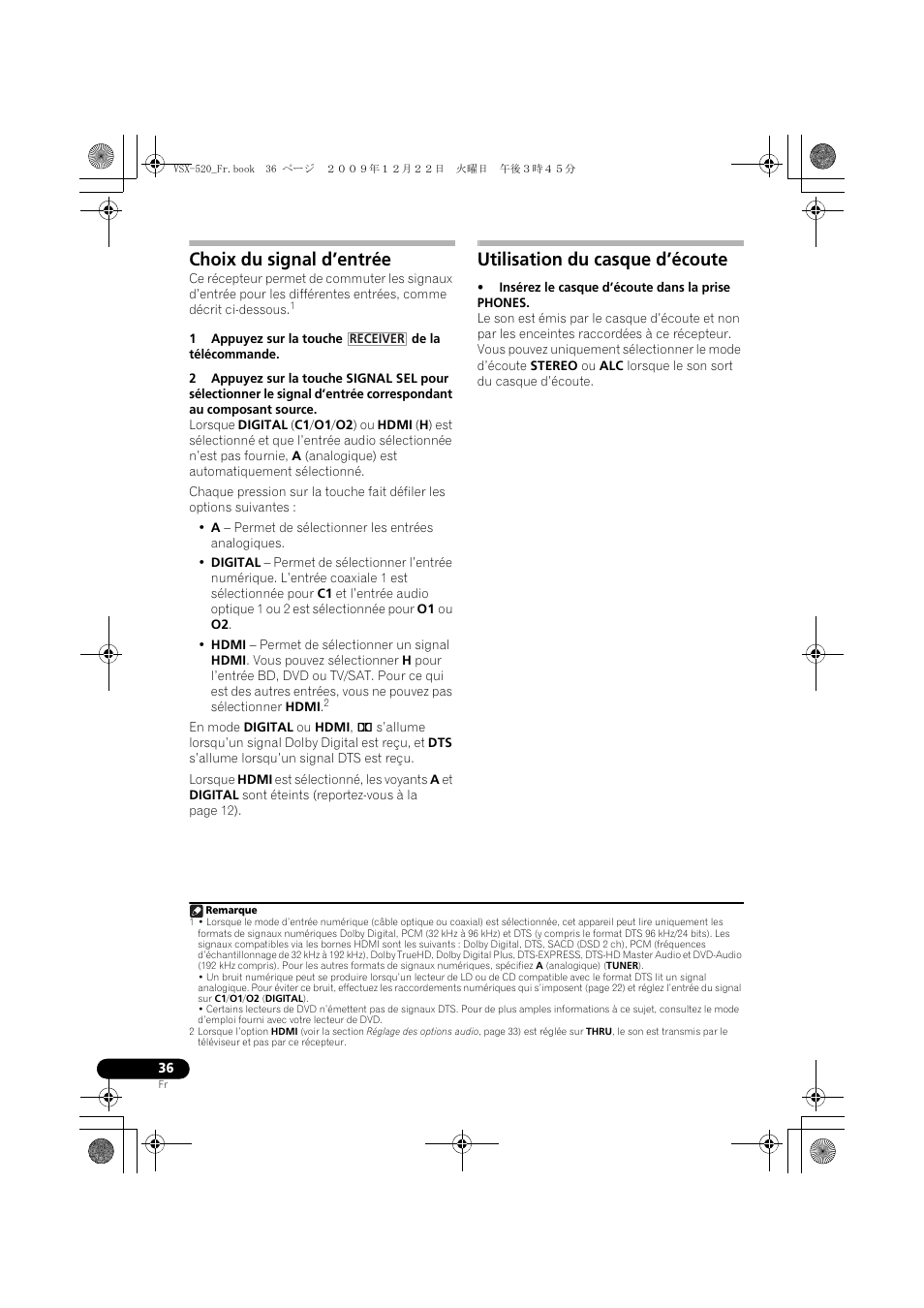 Choix du signal d’entrée, Utilisation du casque d’écoute | Pioneer VSX-520 User Manual | Page 88 / 160