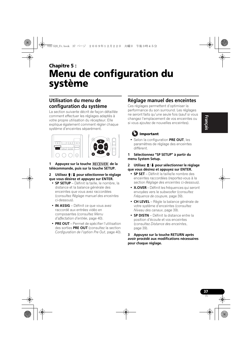 05 menu de configuration du système, Utilisation du menu de configuration du système, Réglage manuel des enceintes | Menu de configuration du système, Chapitre 5, English français español | Pioneer VSX-520 User Manual | Page 89 / 160