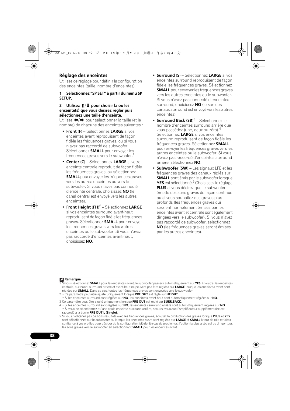 Réglage des enceintes | Pioneer VSX-520 User Manual | Page 90 / 160