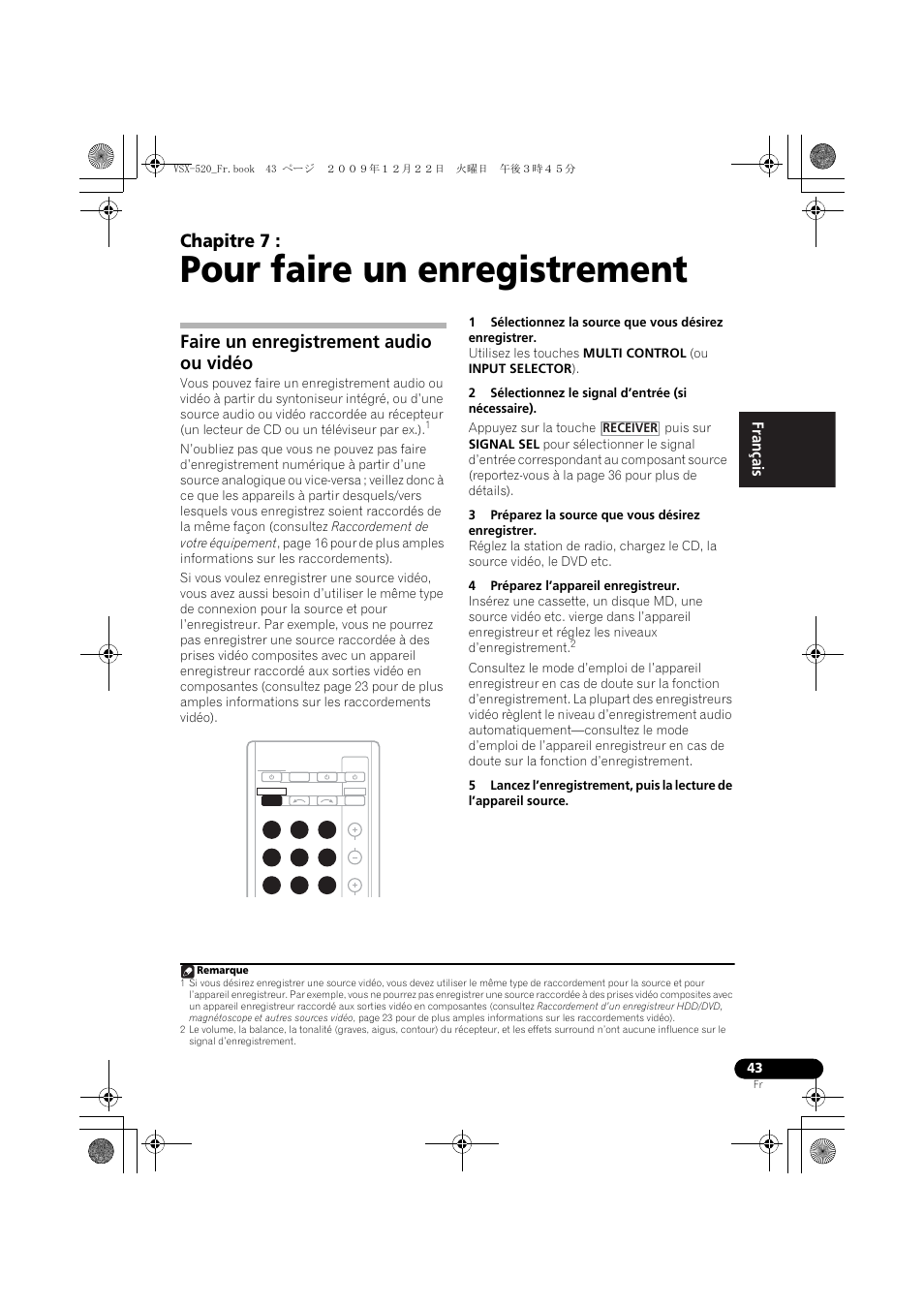 07 pour faire un enregistrement, Faire un enregistrement audio ou vidéo, Pour faire un enregistrement | Chapitre 7, English français español | Pioneer VSX-520 User Manual | Page 95 / 160