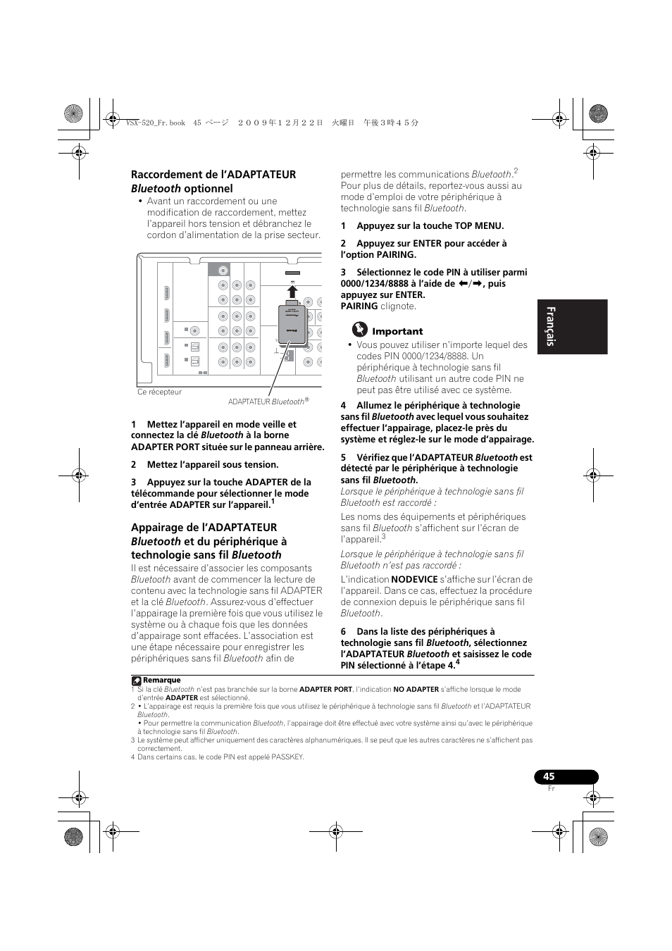 Raccordement de l’adaptateur bluetooth optionnel, English français español | Pioneer VSX-520 User Manual | Page 97 / 160