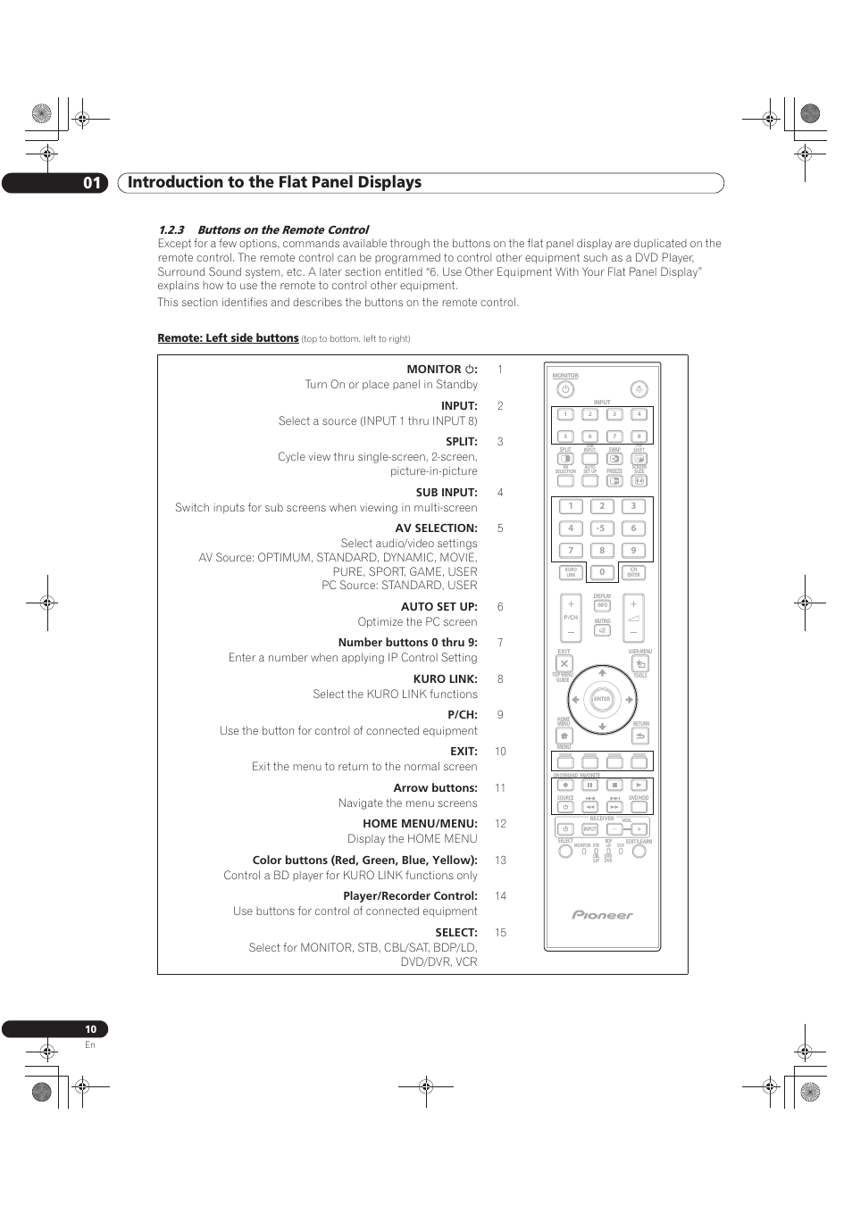 3 buttons on the remote control, 01 introduction to the flat panel displays | Pioneer KURO PRO-141FD User Manual | Page 10 / 106