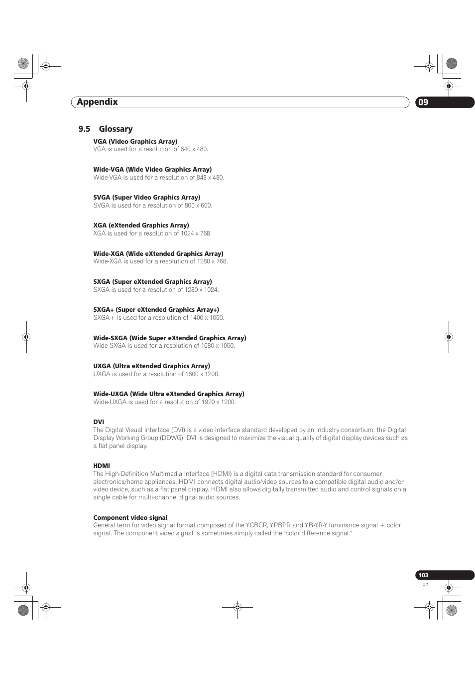 5 glossary, 09 appendix | Pioneer KURO PRO-141FD User Manual | Page 103 / 106