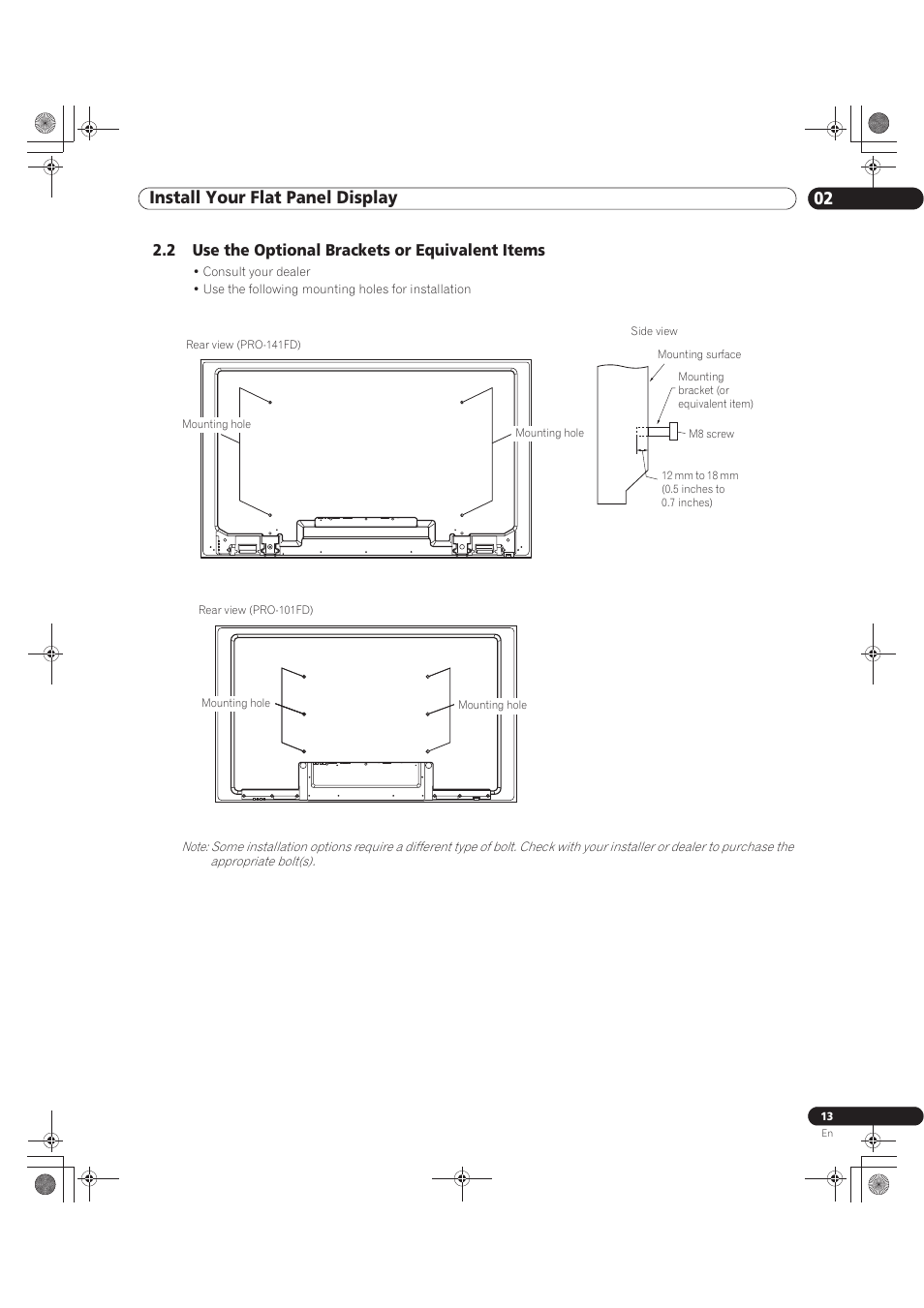 2 use the optional brackets or equivalent items, 02 install your flat panel display | Pioneer KURO PRO-141FD User Manual | Page 13 / 106