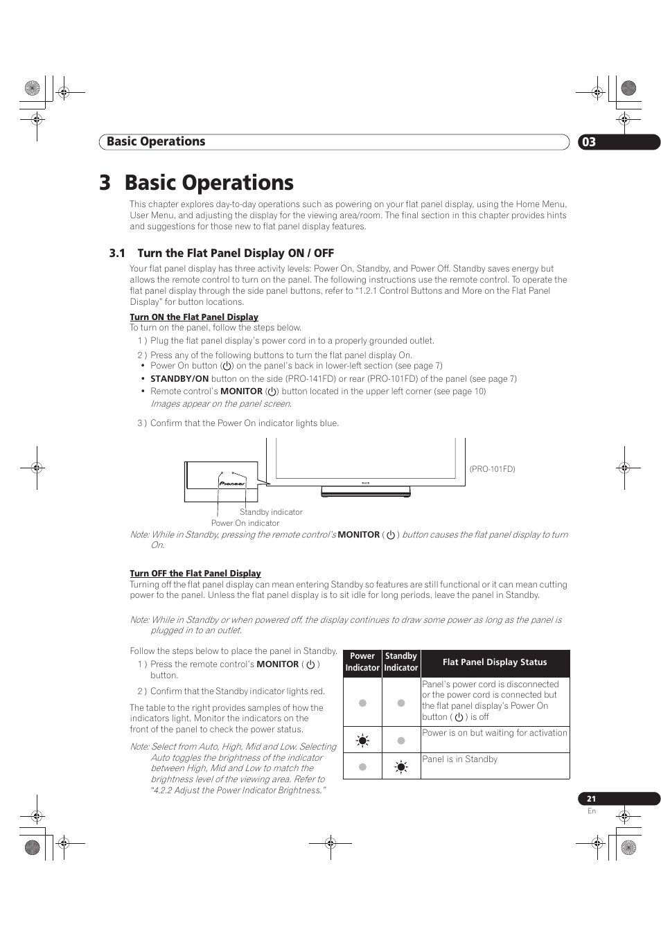 3 basic operations, 1 turn the flat panel display on / off, Basic operations 03 | Pioneer KURO PRO-141FD User Manual | Page 21 / 106