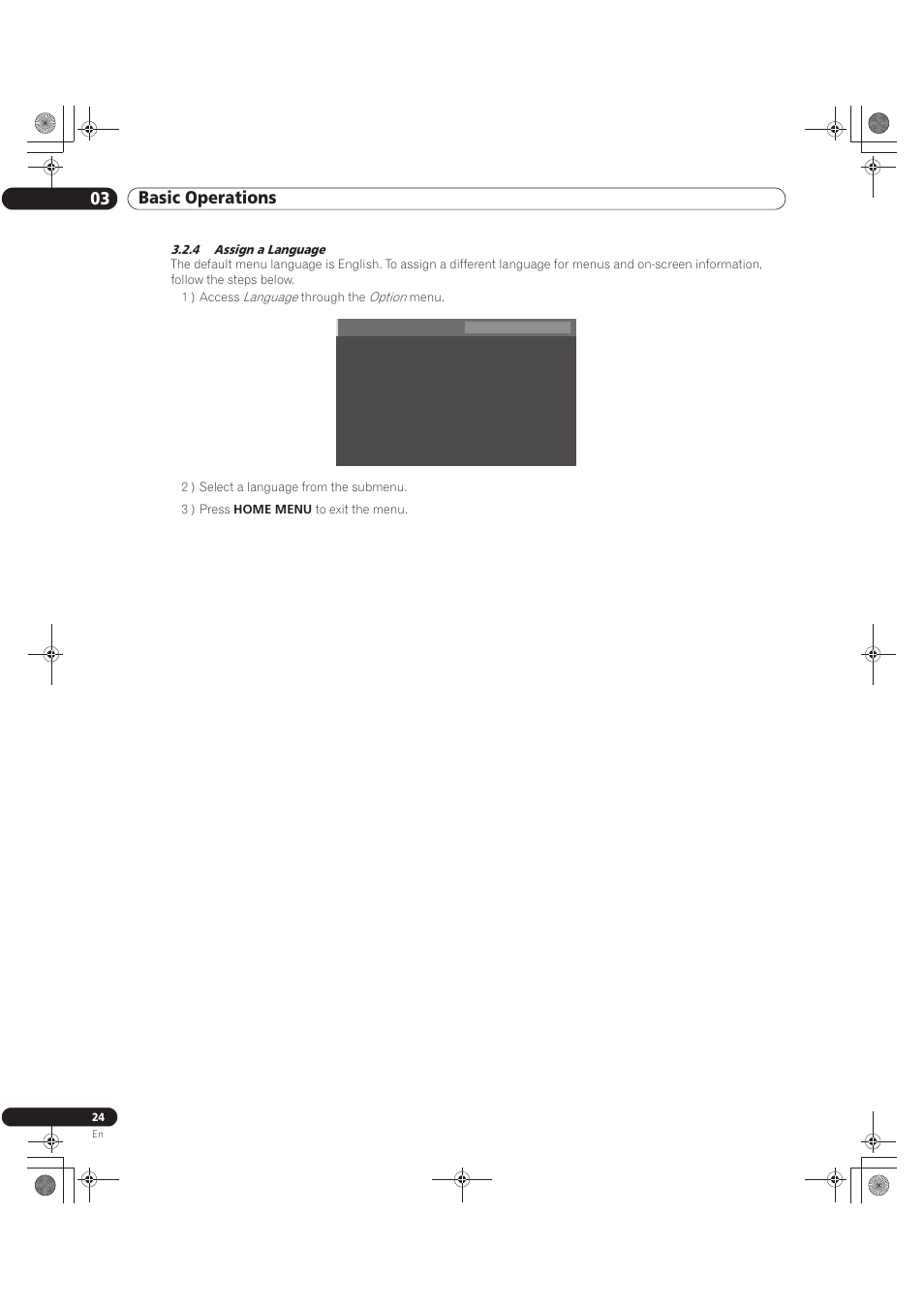 4 assign a language, 03 basic operations | Pioneer KURO PRO-141FD User Manual | Page 24 / 106