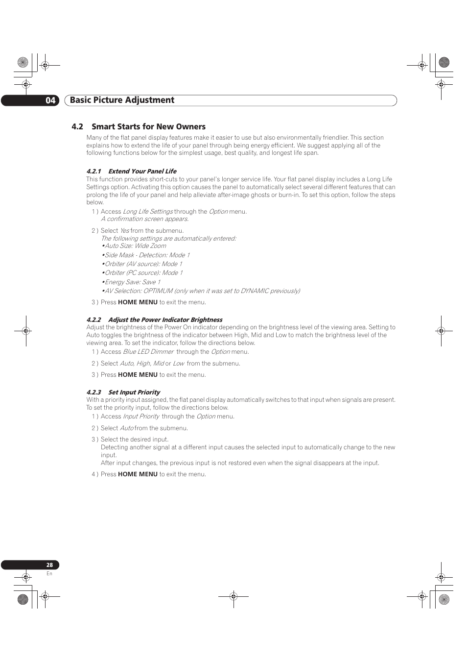 2 smart starts for new owners, 2 adjust the power indicator brightness, 04 basic picture adjustment | Pioneer KURO PRO-141FD User Manual | Page 28 / 106