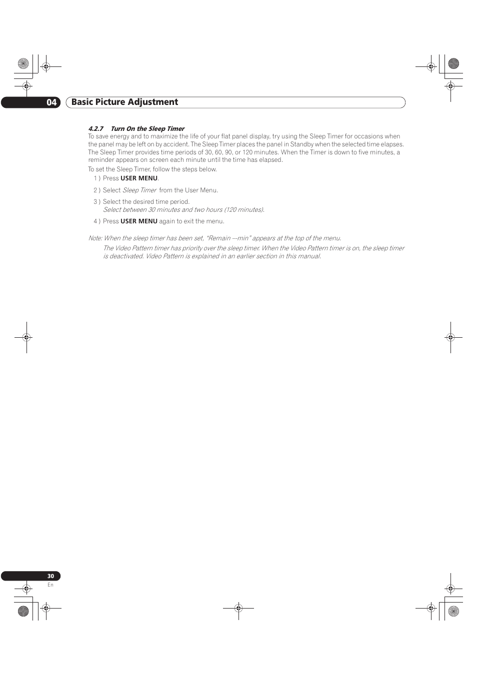 7 turn on the sleep timer, 04 basic picture adjustment | Pioneer KURO PRO-141FD User Manual | Page 30 / 106