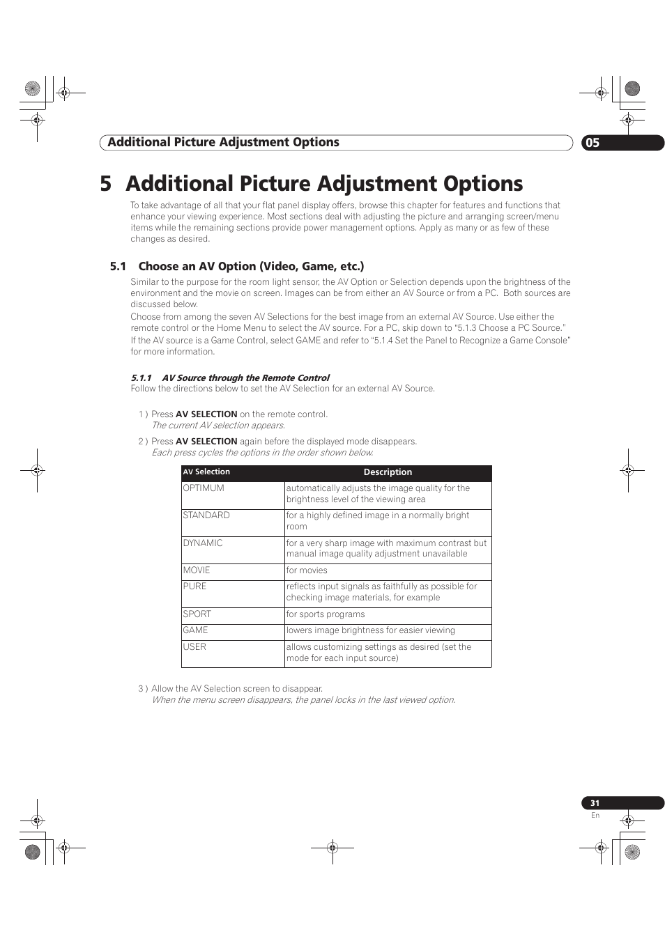 5 additional picture adjustment options, 1 choose an av option (video, game, etc.), 1 av source through the remote control | 05 additional picture adjustment options | Pioneer KURO PRO-141FD User Manual | Page 31 / 106