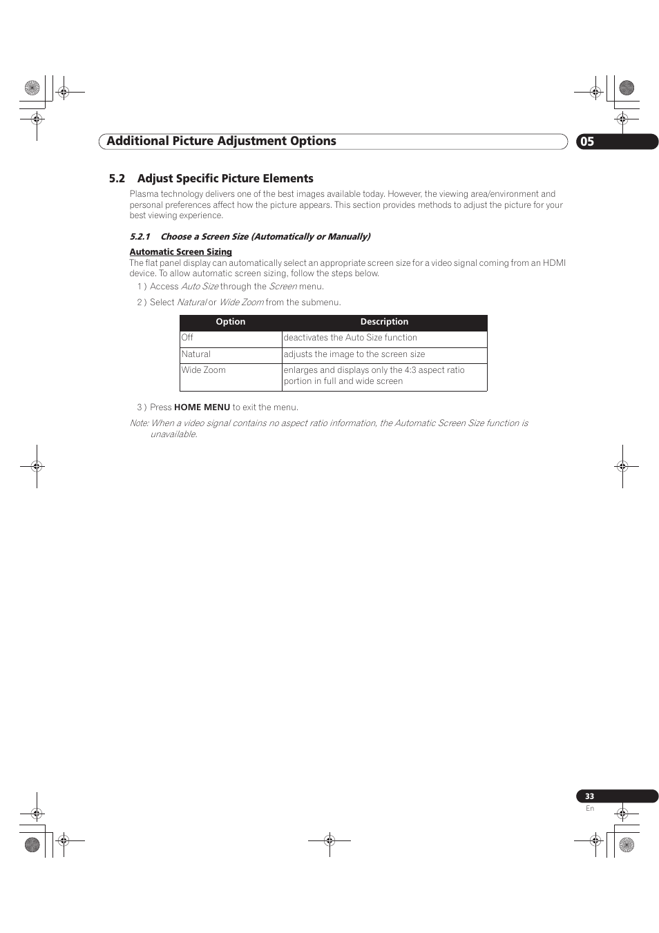 2 adjust specific picture elements, 1 choose a screen size (automatically or manually), 05 additional picture adjustment options | Pioneer KURO PRO-141FD User Manual | Page 33 / 106