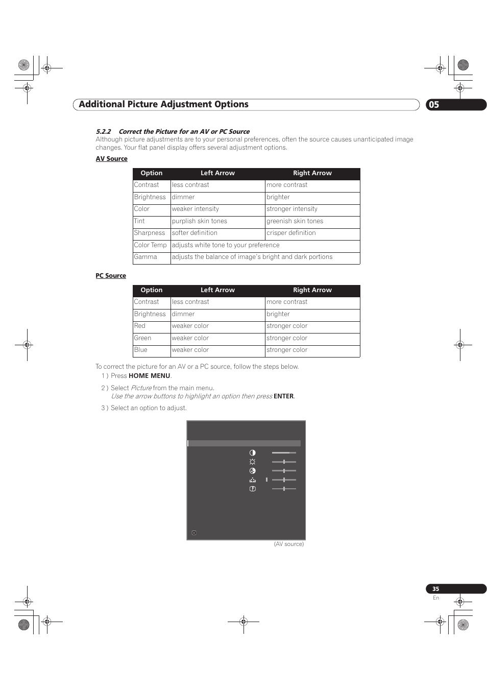 2 correct the picture for an av or pc source, 05 additional picture adjustment options | Pioneer KURO PRO-141FD User Manual | Page 35 / 106