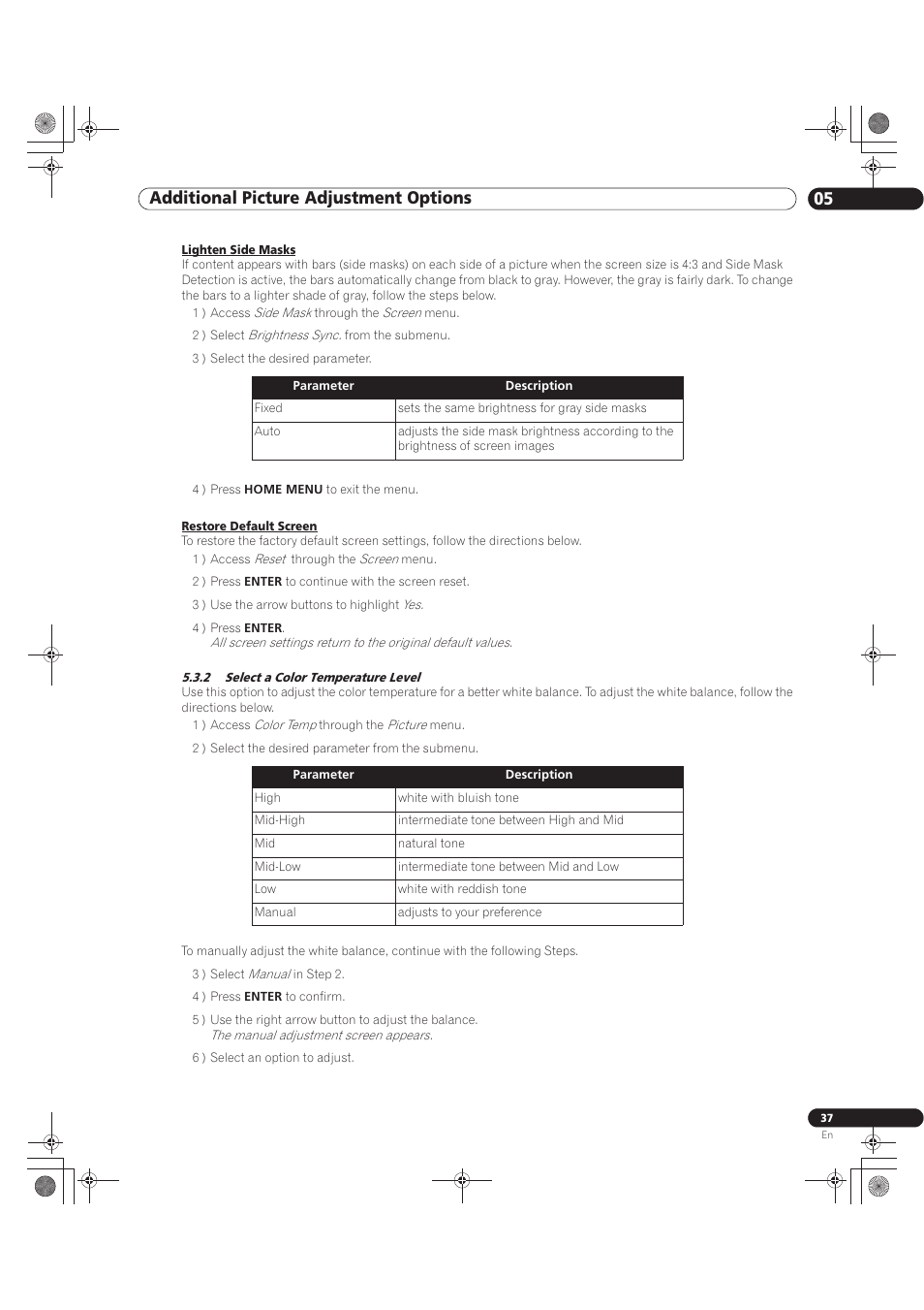 2 select a color temperature level, 05 additional picture adjustment options | Pioneer KURO PRO-141FD User Manual | Page 37 / 106