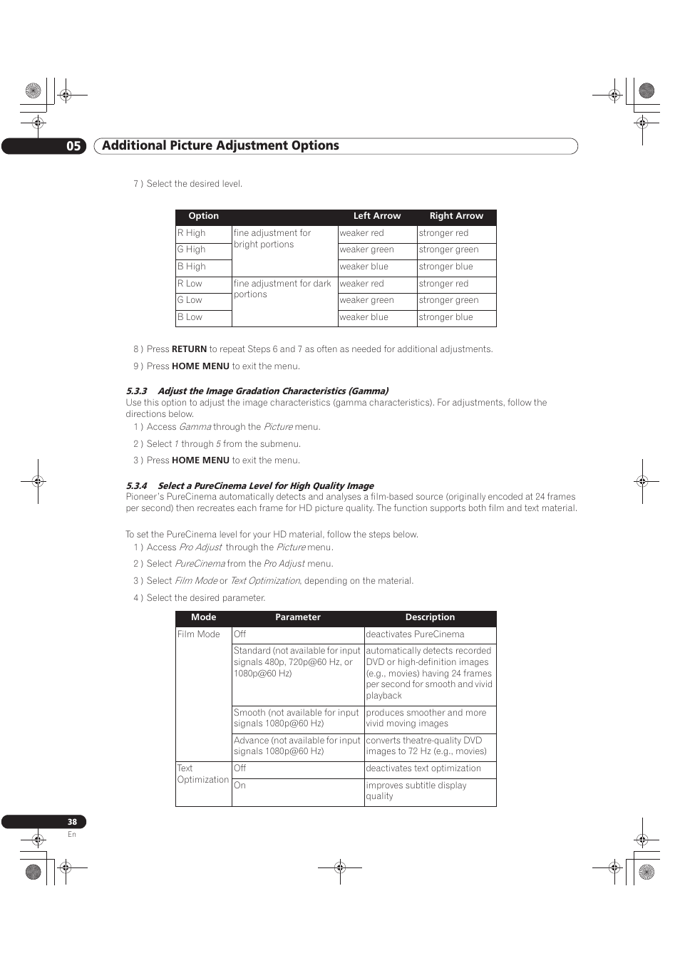 05 additional picture adjustment options | Pioneer KURO PRO-141FD User Manual | Page 38 / 106