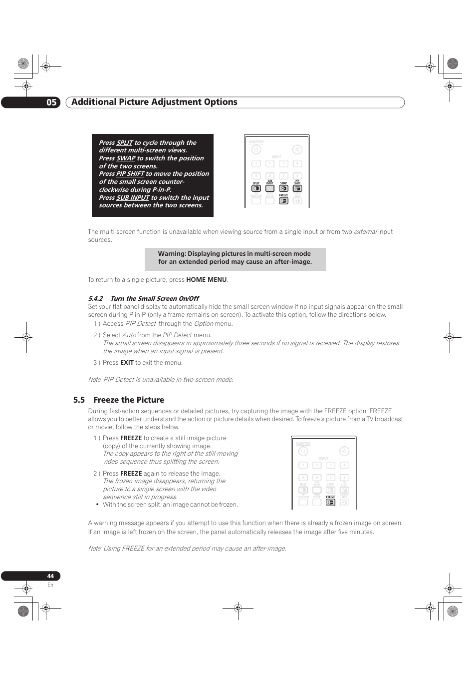 2 turn the small screen on/off, 5 freeze the picture, 05 additional picture adjustment options | Pioneer KURO PRO-141FD User Manual | Page 44 / 106