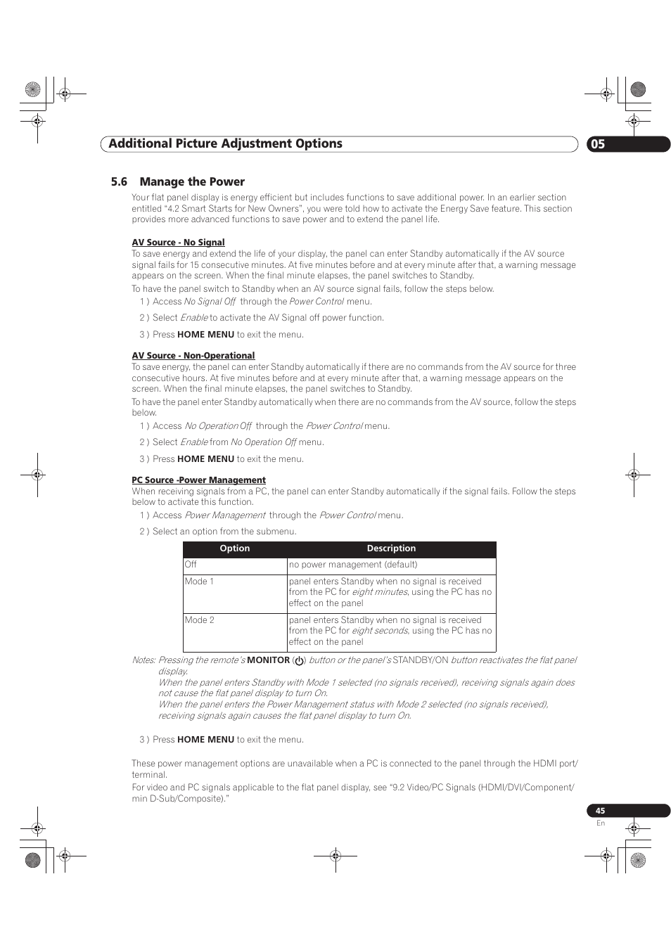 6 manage the power, 05 additional picture adjustment options | Pioneer KURO PRO-141FD User Manual | Page 45 / 106