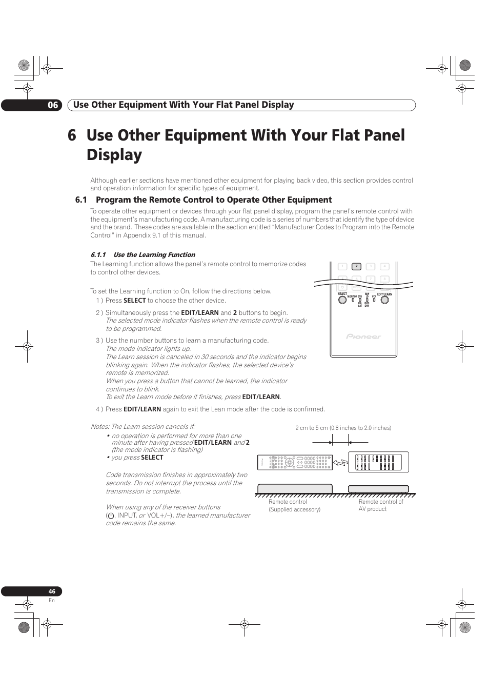 6 use other equipment with your flat panel display, 1 use the learning function | Pioneer KURO PRO-141FD User Manual | Page 46 / 106