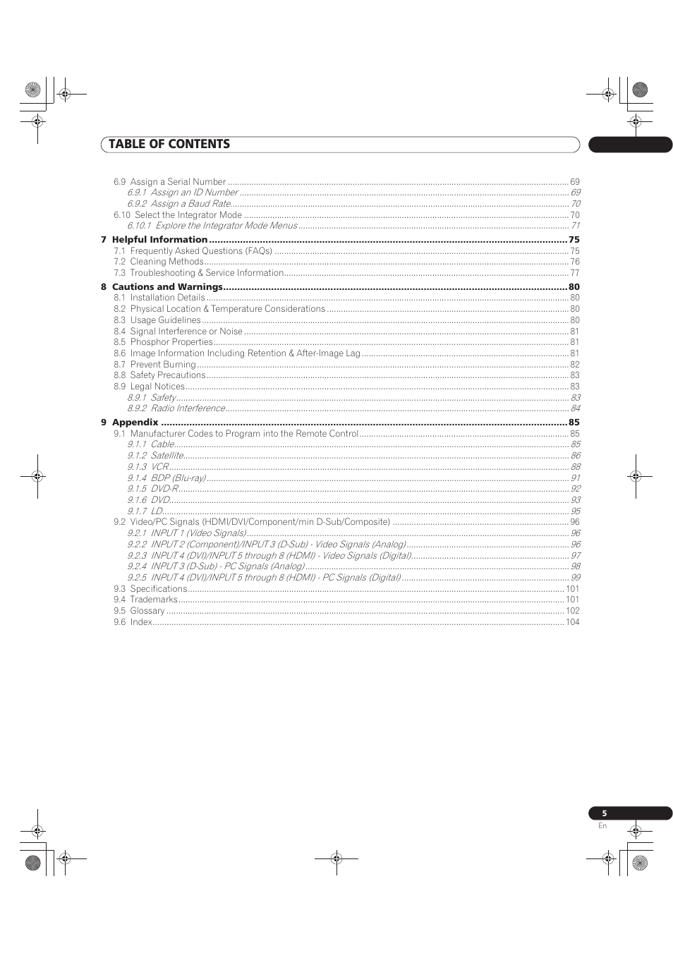 Pioneer KURO PRO-141FD User Manual | Page 5 / 106