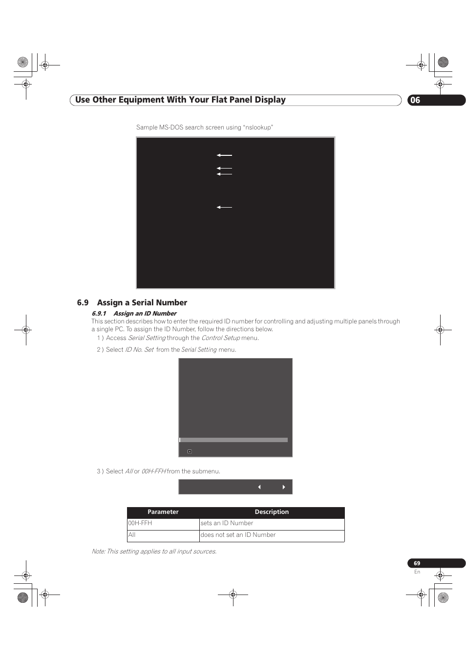 9 assign a serial number, 1 assign an id number, Sample ms-dos search screen using “nslookup | Pioneer KURO PRO-141FD User Manual | Page 69 / 106