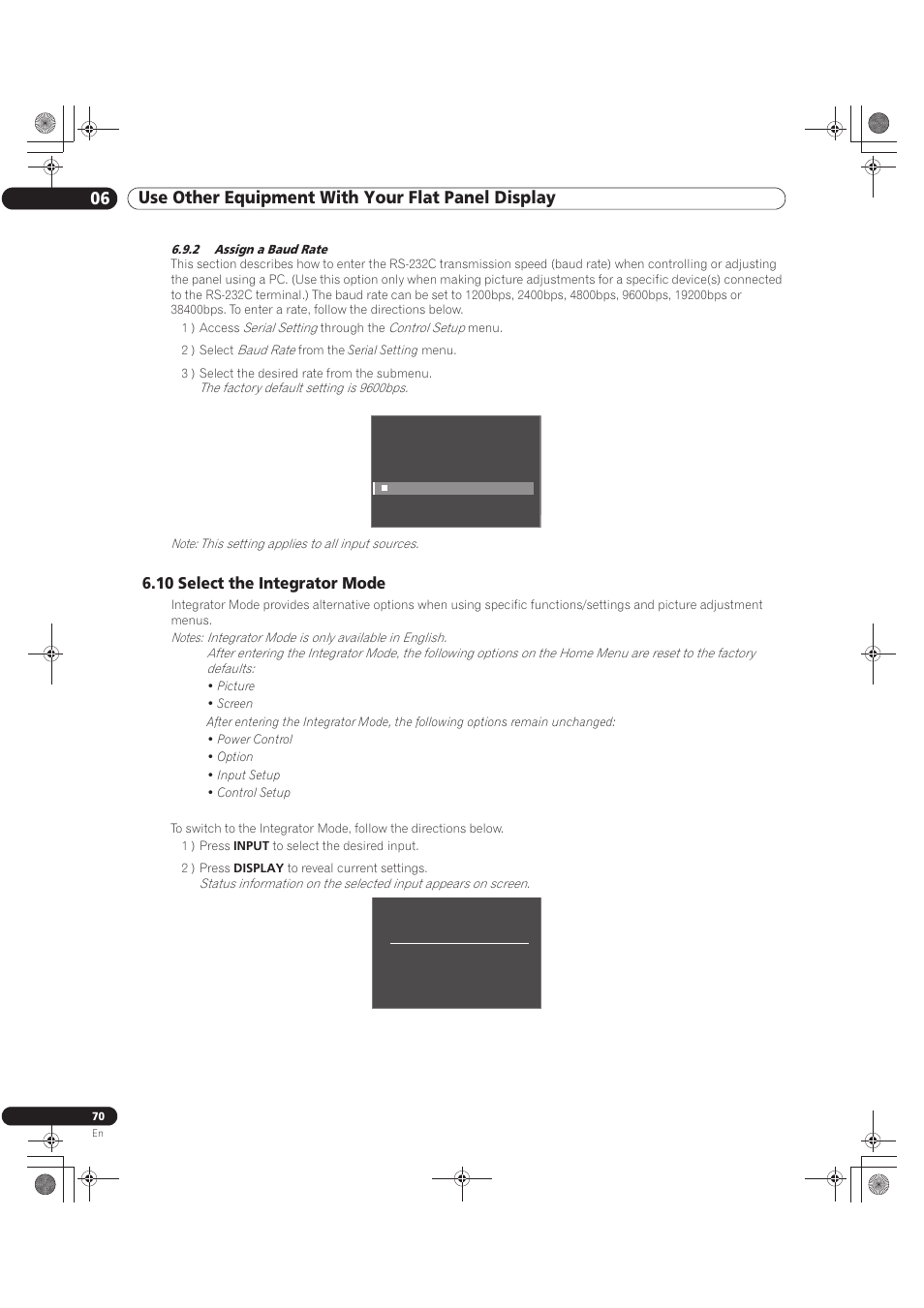 2 assign a baud rate, 10 select the integrator mode | Pioneer KURO PRO-141FD User Manual | Page 70 / 106