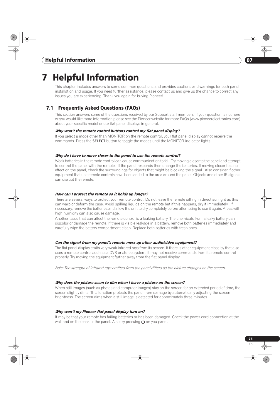 7 helpful information, 1 frequently asked questions (faqs), Helpful information 07 | Pioneer KURO PRO-141FD User Manual | Page 75 / 106