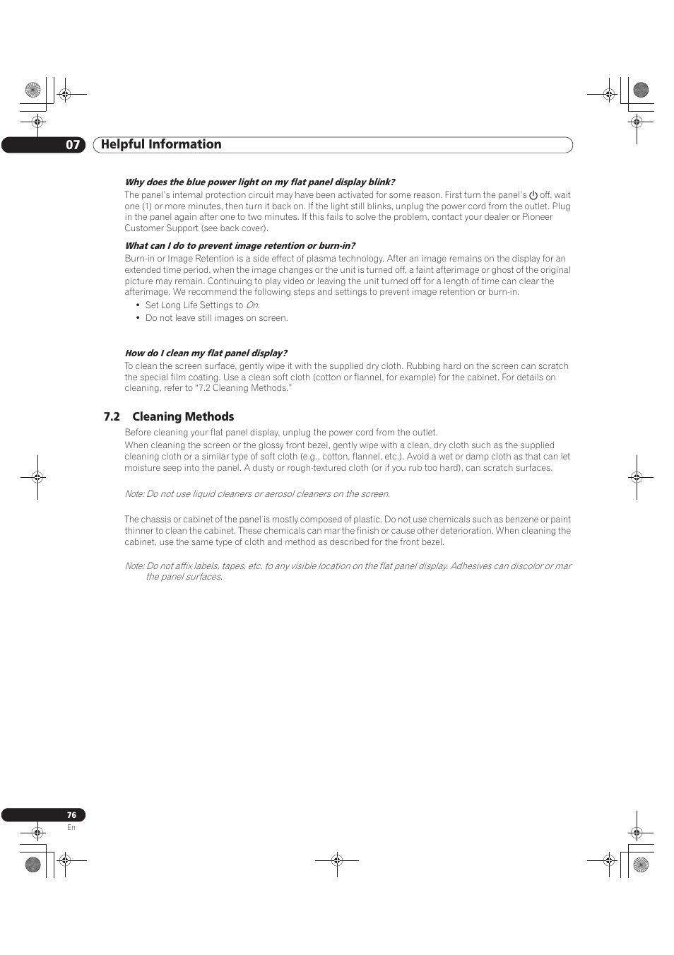 2 cleaning methods, 07 helpful information | Pioneer KURO PRO-141FD User Manual | Page 76 / 106