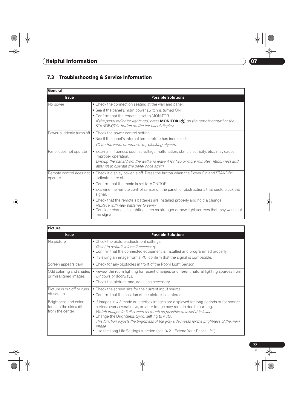 3 troubleshooting & service information, Helpful information 07 | Pioneer KURO PRO-141FD User Manual | Page 77 / 106