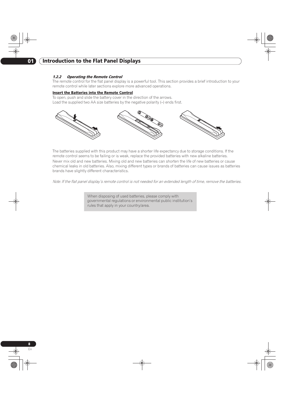 2 operating the remote control, 01 introduction to the flat panel displays | Pioneer KURO PRO-141FD User Manual | Page 8 / 106