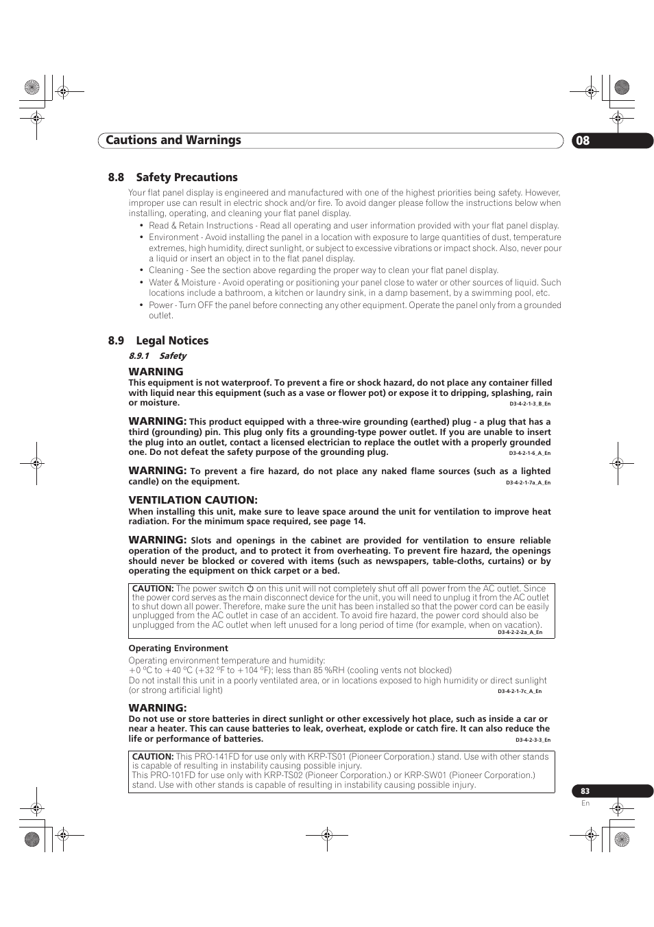 8 safety precautions 8.9 legal notices, 1 safety, Cautions and warnings 08 | Pioneer KURO PRO-141FD User Manual | Page 83 / 106