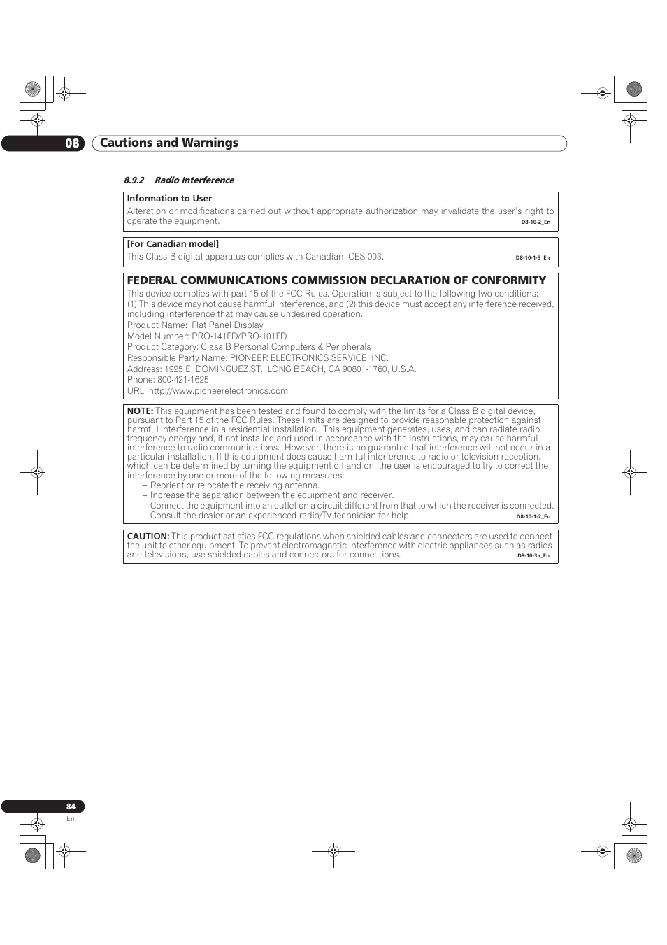 2 radio interference, 08 cautions and warnings | Pioneer KURO PRO-141FD User Manual | Page 84 / 106