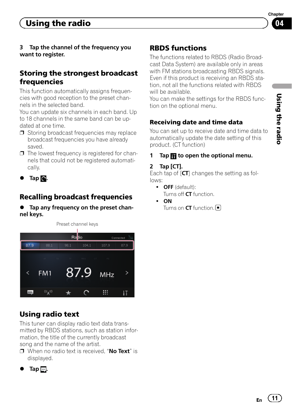 Storing the strongest broadcast, Frequencies, Recalling broadcast frequencies 11 | Using radio text 11, Rbds functions 11, Using the radio, Storing the strongest broadcast frequencies, Recalling broadcast frequencies, Using radio text, Rbds functions | Pioneer AppRadio SPH-DA01 User Manual | Page 11 / 36