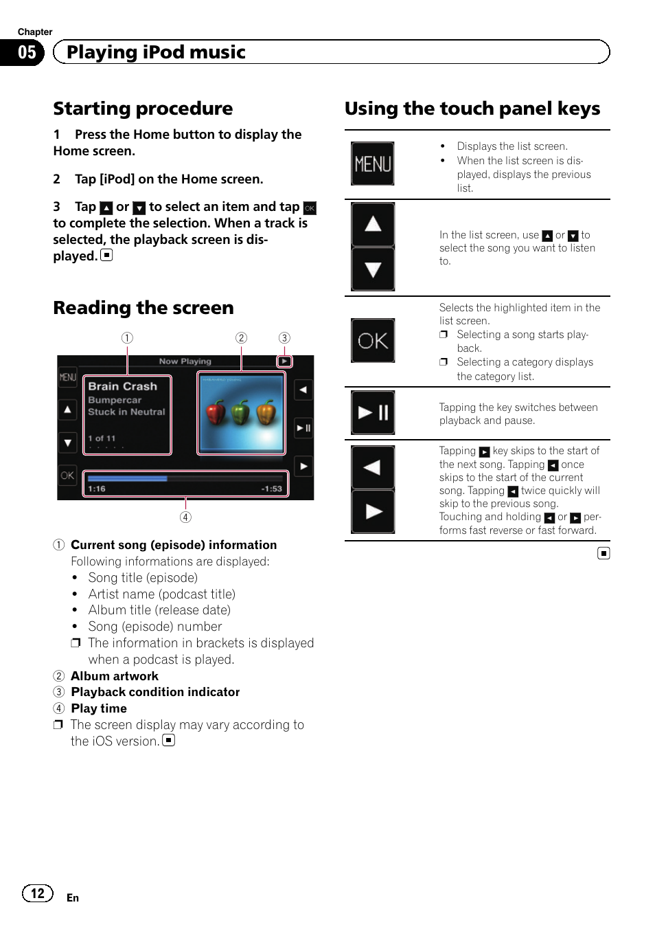 Playing ipod music starting procedure, Reading the screen, Using the touch panel keys | Chapter 5, Starting procedure, 05 playing ipod music | Pioneer AppRadio SPH-DA01 User Manual | Page 12 / 36