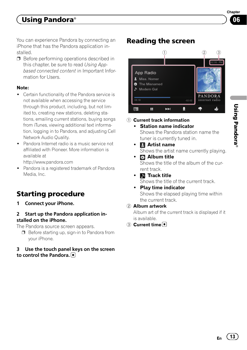 Using pandora® starting procedure, Reading the screen, Starting procedure | Using pandora | Pioneer AppRadio SPH-DA01 User Manual | Page 13 / 36