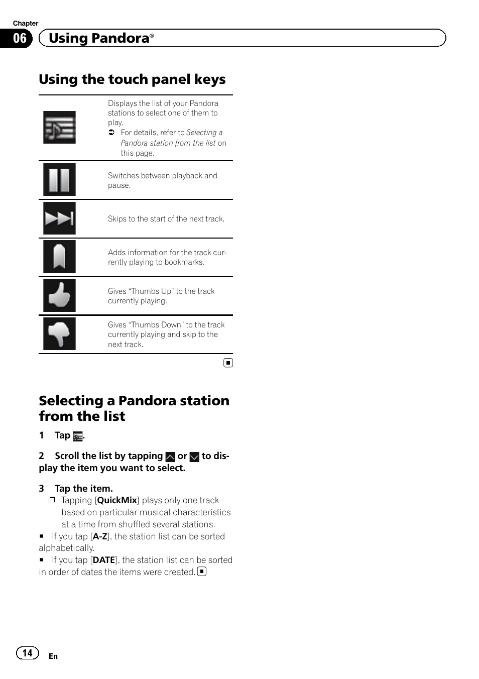 Using the touch panel keys, Selecting a pandora station from the list, 06 using pandora | Pioneer AppRadio SPH-DA01 User Manual | Page 14 / 36