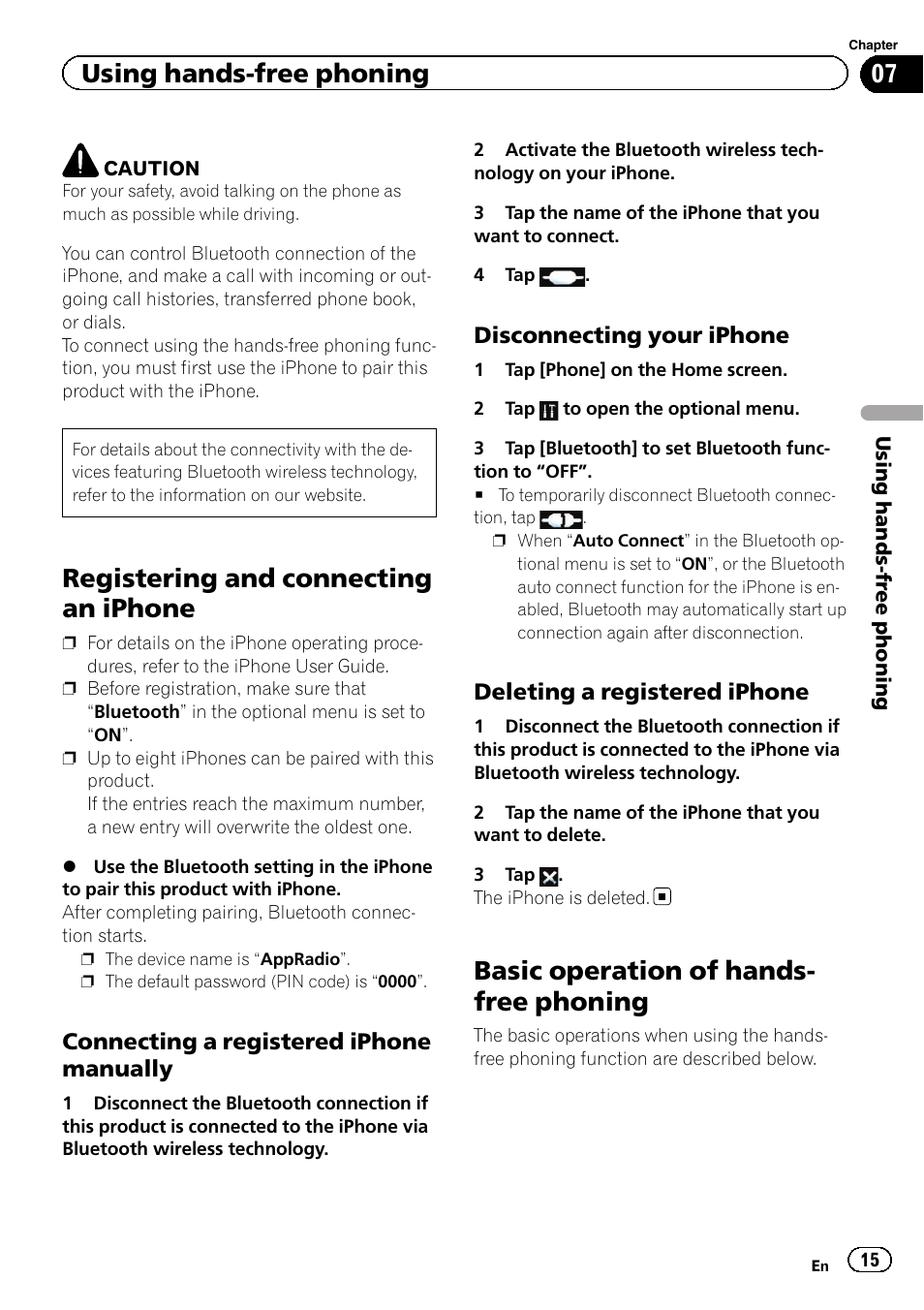 Connecting a registered iphone, Manually, Disconnecting your iphone 15 | Deleting a registered iphone 15, Basic operation of hands-free phoning, Chapter 7, Registering and connecting an iphone, Basic operation of hands- free phoning, Using hands-free phoning, Connecting a registered iphone manually | Pioneer AppRadio SPH-DA01 User Manual | Page 15 / 36