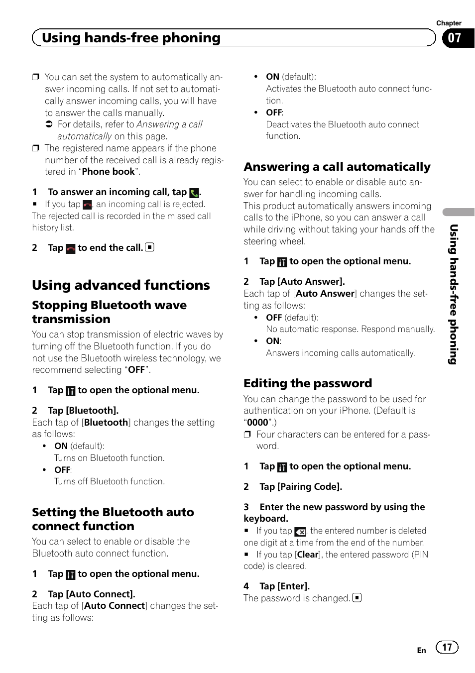 Using advanced functions, Stopping bluetooth wave, Transmission | Setting the bluetooth auto connect, Function, Answering a call automatically 17, Editing the password 17, Using hands-free phoning, Stopping bluetooth wave transmission, Setting the bluetooth auto connect function | Pioneer AppRadio SPH-DA01 User Manual | Page 17 / 36
