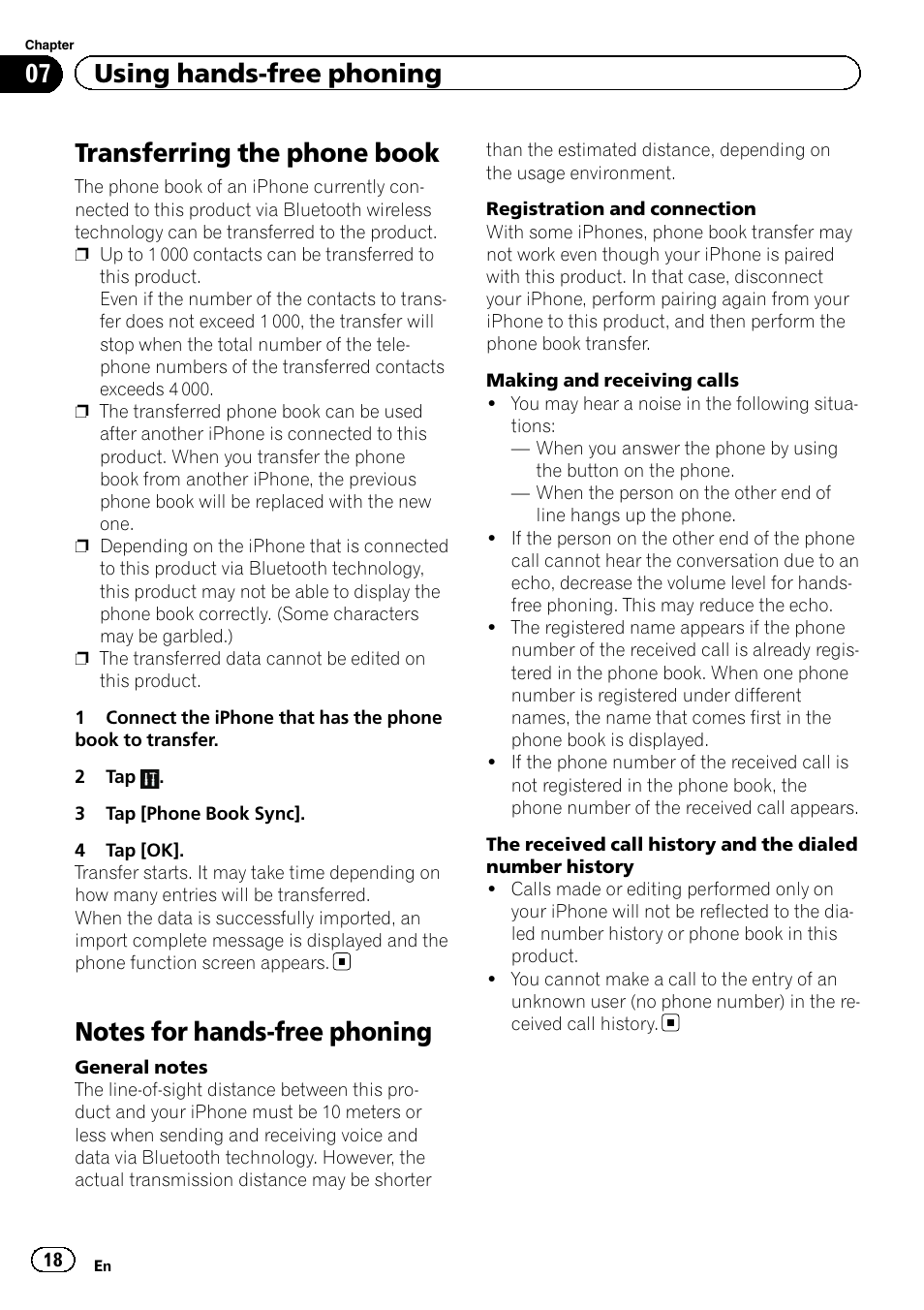 Transferring the phone book, Notes for hands-free phoning, 07 using hands-free phoning | Pioneer AppRadio SPH-DA01 User Manual | Page 18 / 36