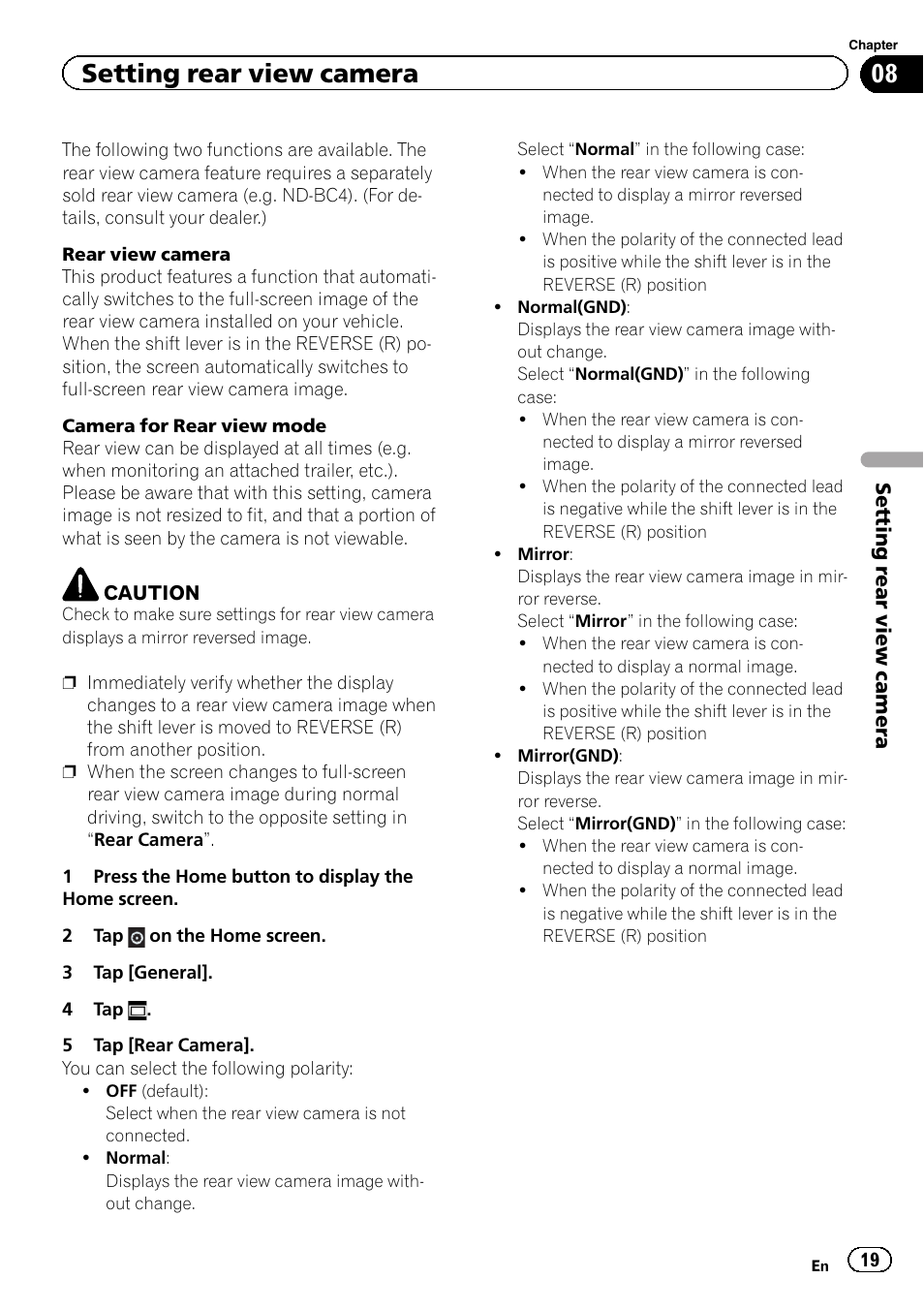 Setting rear view camera, Chapter 8 | Pioneer AppRadio SPH-DA01 User Manual | Page 19 / 36
